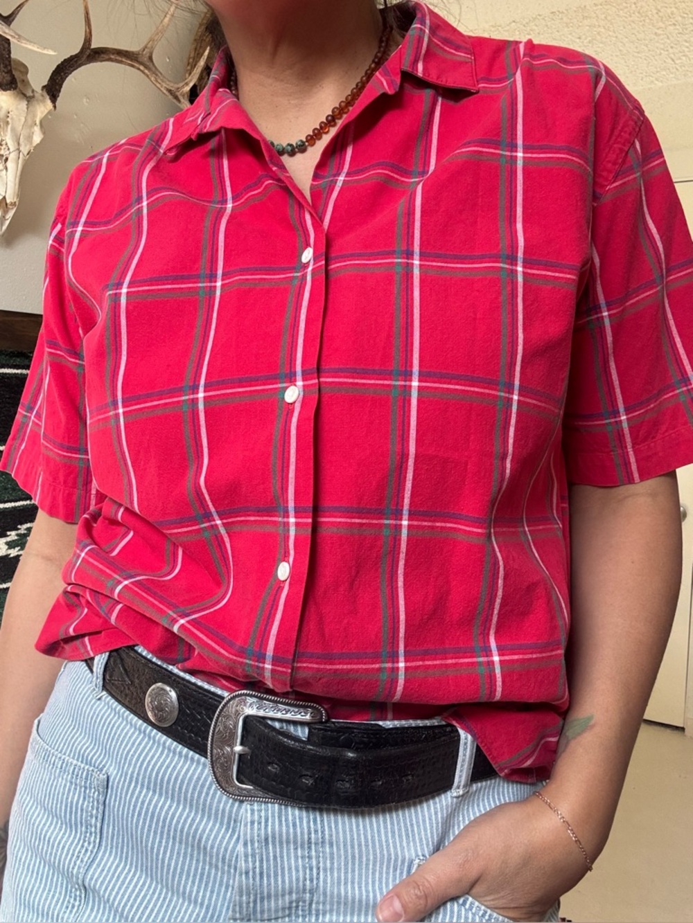 Lands' End Women's Red Plaid Button Down Shirt